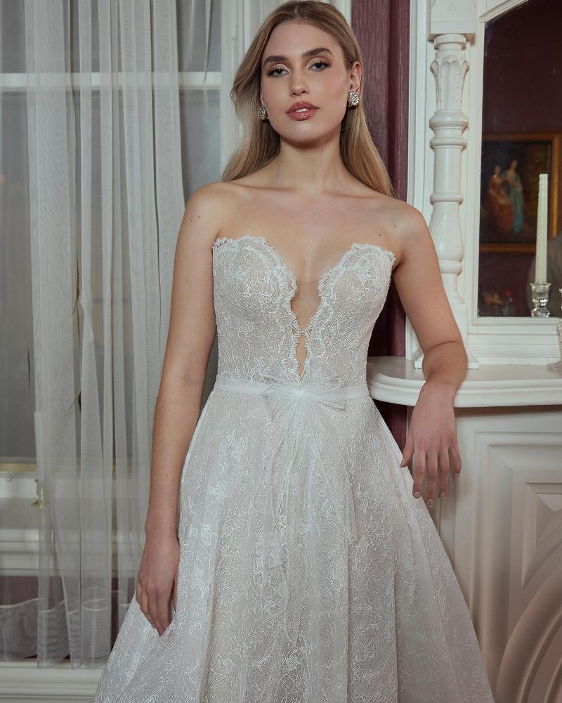 La23238 simple strapless wedding dress with long train and lace3
